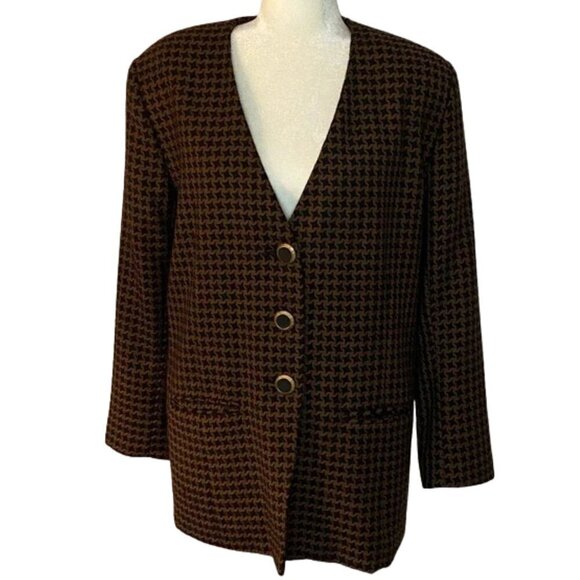 Vintage Wool Houndstooth Blazer Black Brown Longline 80s Style Sz 12 - Picture 3 of 11